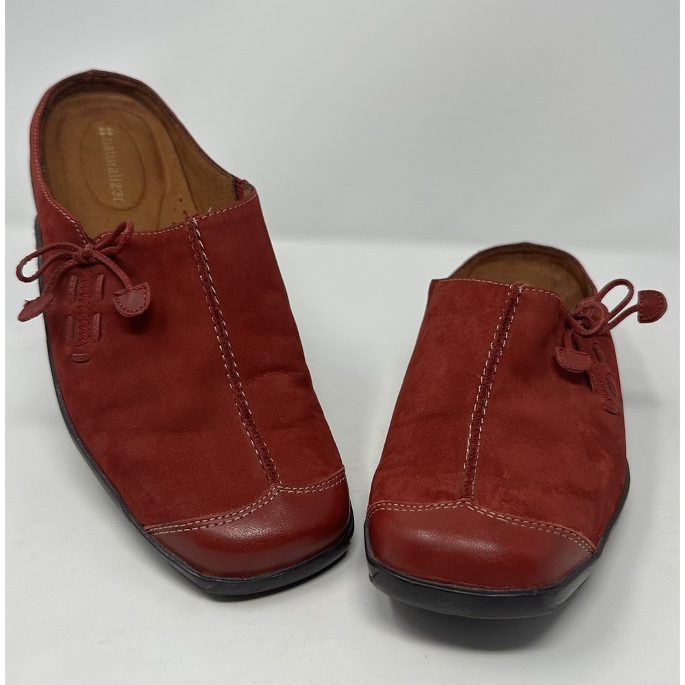 Naturalizer Detail Mules Women 9W Red Leather Suede Slip On Bow Square Toe
